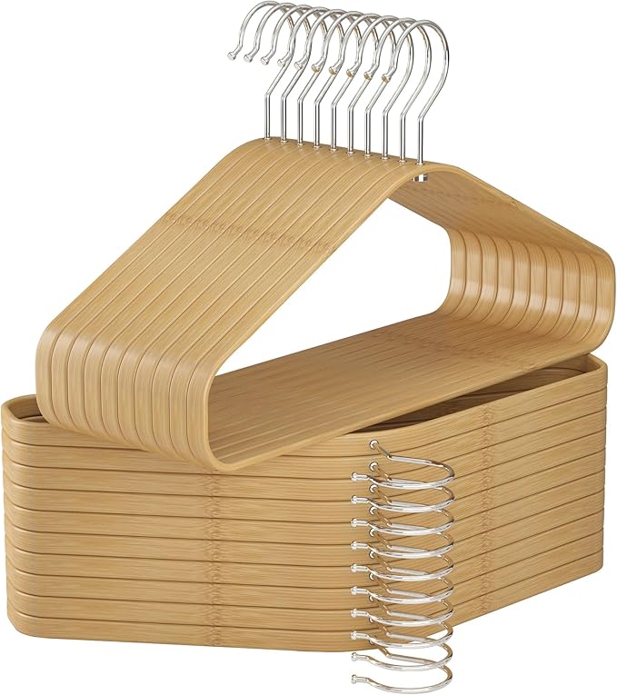 Bamboo Hangers - 50 Pack Slim Coat Hangers - 360-Degree Rotatable Hook, Suitable for Clothes, Jacket, Shirt, Tank Top, Pant (Natural, 50)