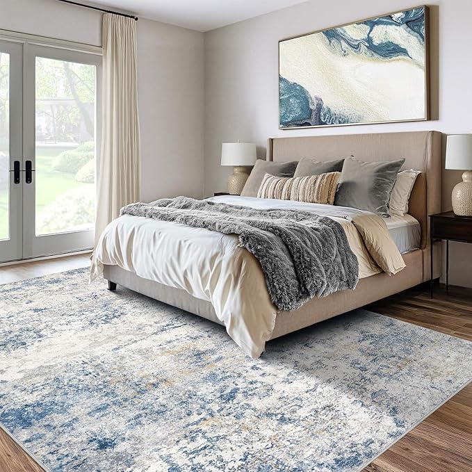 Area Rug Living Room Rugs - 10x12 Abstract Large Soft Indoor Washable Rug Neutral Modern Low Pile Carpet for Bedroom Dining Room Farmhouse Home Office - Blue
