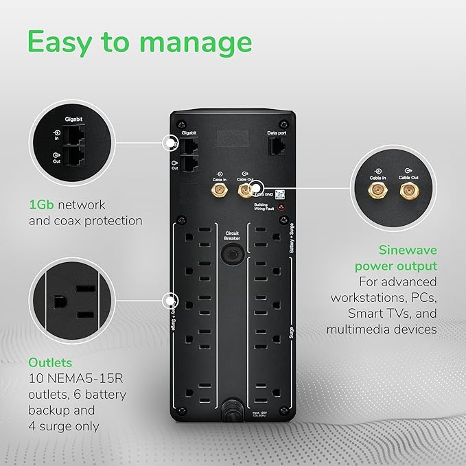 APC UPS Back-UPS Pro, 1000VA Sinewave UPS Battery Backup & Surge Protector, LCD, AVR, BR1000MS