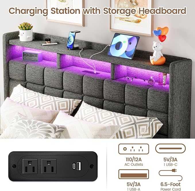 Lift Up King Size Bed Frame with Storage, Upholstered King Bed Frame with Charging Station and LED Lights Headboard, No Box Spring Needed, Easy Assembly - Dark Grey