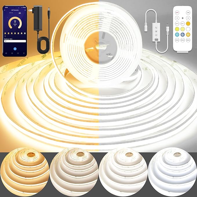 COB LED Strip Light,CCT Dimmable Strips Light,2700K-6500K,24ft/7.5m,8mm Wide,CRI90+ 24V LED Strips Kit with Bluetooth APP Control/Music Mode,for Bedroom,Kitchen,DIY Lighting