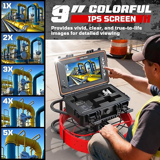 HBUDS Sewer Camera, Self Leveling Drain Camera 65ft with Meter Counter, 7mm Thick Cable, 9" HD Screen 1080P Plumbing Cameras Snake with Light, 5100mAh Battery Duct Pipe Video Inspection Cam DVR 32GB