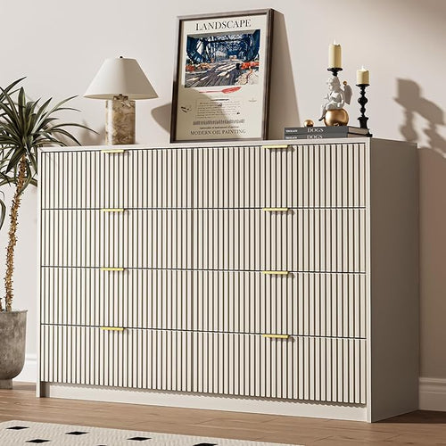 3-Piece Dresser Bedroom Set, 8 Drawer Dresser & 2 Drawer Nightstands with Gold Handles, Fluted Wood Chest of Drawers for Bedroom, Living Room, Entryway, Beige