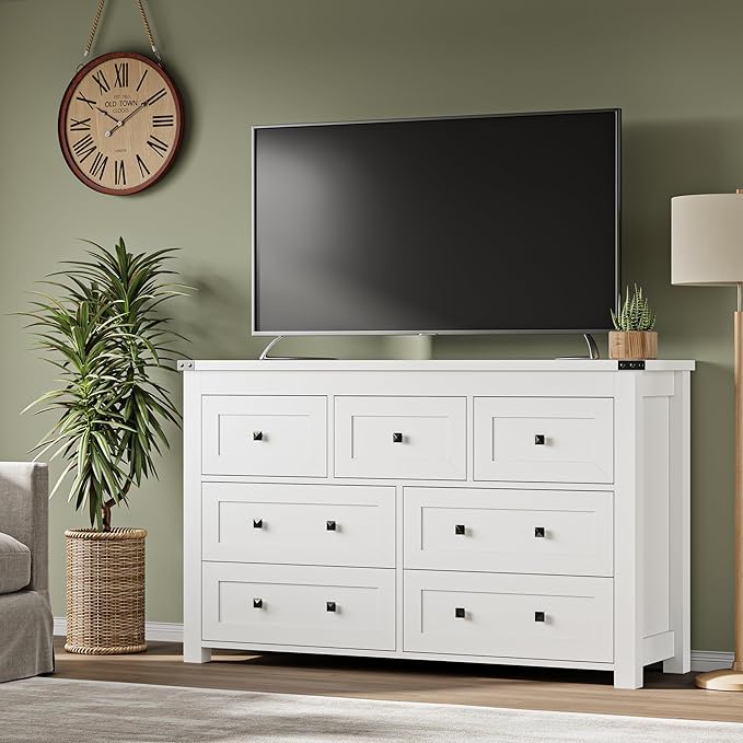 7-Drawer Dresser, Modern Wooden Storage Chest of Drawers, Dresser TV Stand, Wood Drawer Organizer with Metal Handles for Bedroom, Living Room, Hallway