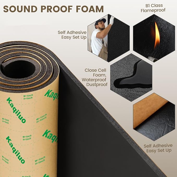 High Density Self-Adhesive Sound Insulation Acoustic Closed Cell Foam, 5.8 sqft x 0.4in Thick, 50+kg/m³ ,Sound Proof Padding, Fire/Water Resistant Acoustic Treatment Foam