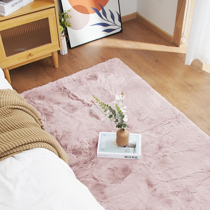 Latepis Light Pink Runner Rugs for Bedroom Girls 2x6 Non-Slip Washable Bedside Rug Soft Faux Rabbit Fur Rug for Living Room Sofa Floor Nursery and Dorm