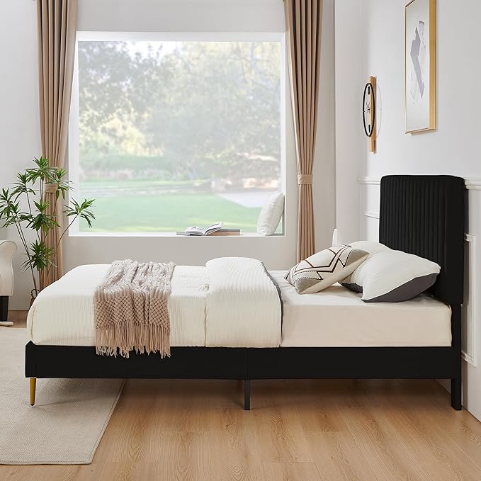Queen Platform Bed Frame, Velvet Upholstered Bedframe with Vertical Channel Adjustable Headboard, Golden Plating Trim, Mattress Foundation with Wooden Slats, No Box Spring Needed, Black