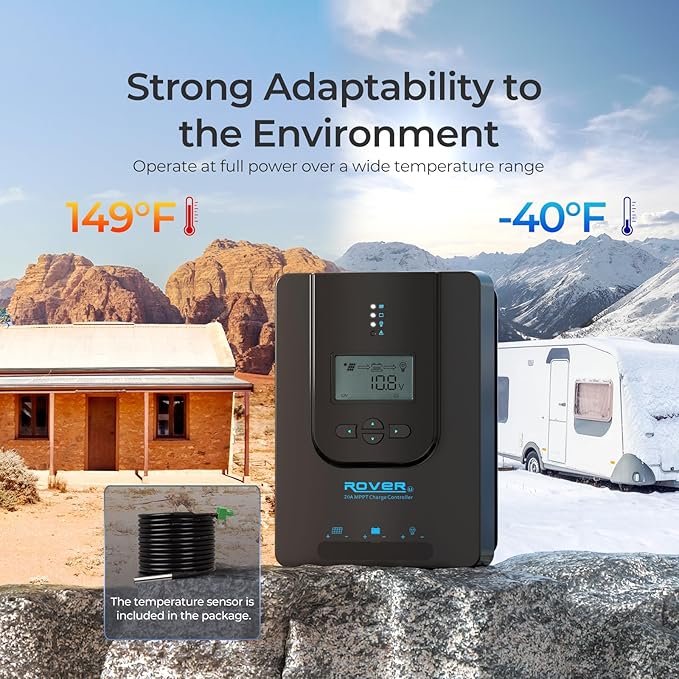 Renogy Charge Controller-Rover 20A MPPT 12V/24V Auto-Detect LCD Display | 99.9% Efficiency for Gel/Flooded/Lithium Batteries | Dual-Peak Tracking & Modbus Support
