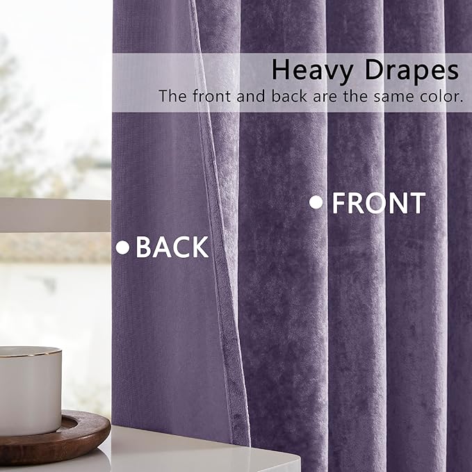 SMILETIME Lilac Purple Crushed Velvet Curtains 52x108inch Rod Pocket Luxurious Thermal Insulated Soundproof Drapes Soft and Durable Light-Filtering Window Treatments for Living Room Bedroom, 2 Panels