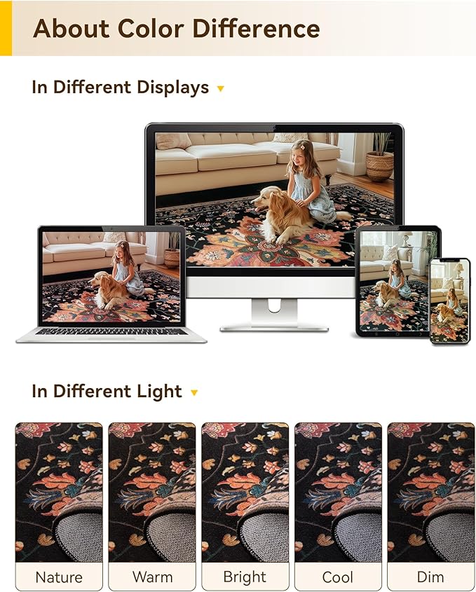 Area Rugs 2'x8' Washable Non-Slip, Floral Vintage Distress Print Pattern Medallion Carpet for Living Room Bedroom Dining Room, Black Colorful Floral Dark Tan