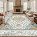 Area Rugs 10'x12' Washable Non-Slip, Floral Vintage Distress Print Pattern Medallion Carpet for Living Room Bedroom Dining Room, Light Yellow Carbon Grey Orange