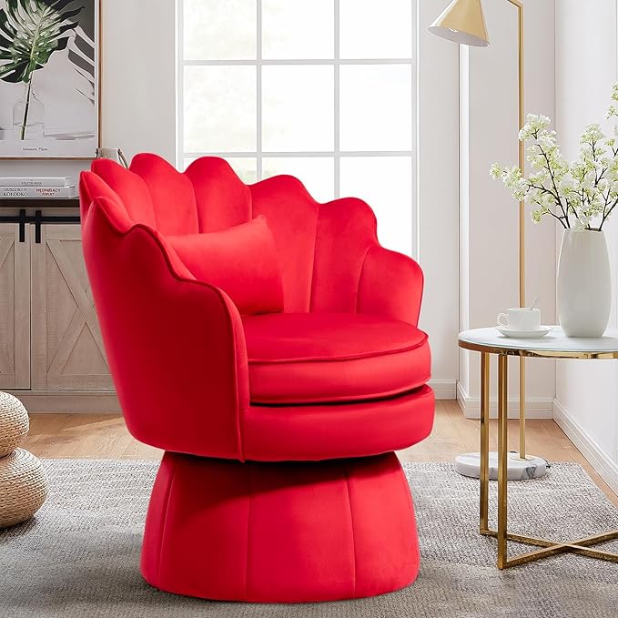 Swivel Accent Chairs Set of 2, 360° Mid-Century Modern Velvet Barrel Chair, Comfy Shell Shape Arm Chair with Lumbar Pillow for Living Room, Bedroom, Office, Rose Red (Red, Set of 2 Swivel chair)
