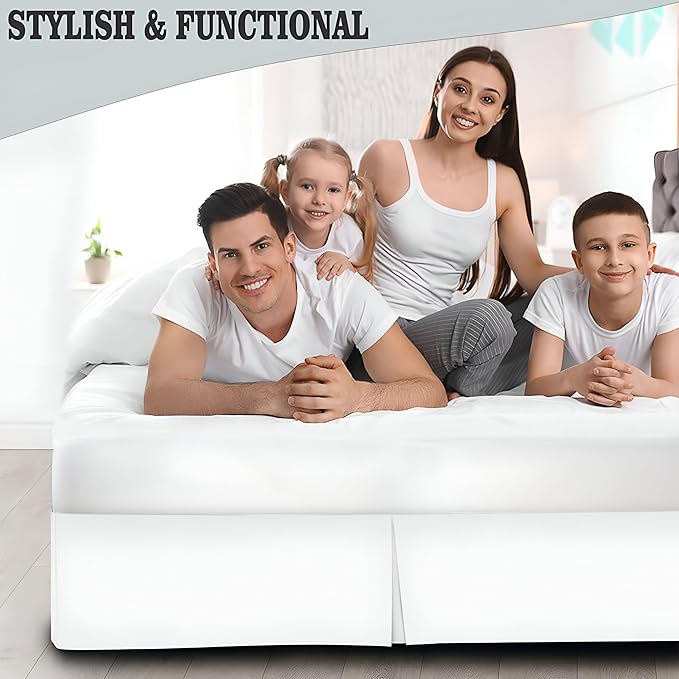 Pleated Bed Skirt King Size, 14" Drop with Platform Design for Secure Fit, Split Corners, Wrinkle-Resistant Microfiber for Modern Stylish Look, Tailored Bedding for Hotel Luxury - White