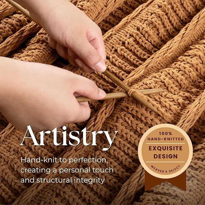 Boho Knitted Chenille Blanket with Tassels - Lightweight & Soft All-Season Throw - 3D Classic Pattern for Living Room Bedroom Couch, Amber Brown, King 90"x108"