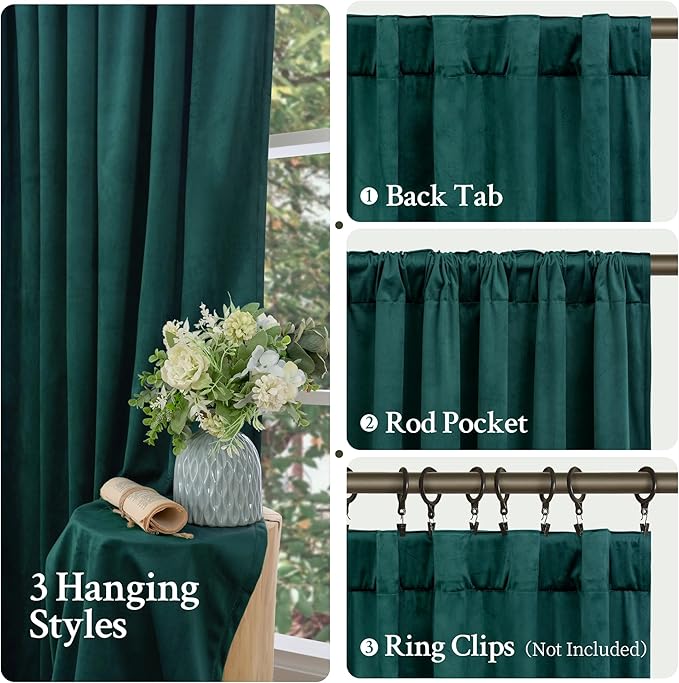 LAMIT Teal Velvet Curtains 120 Inch Length for Living Room, Thermal Insulated Room Darkening Drapes Luxury Privacy Protected Back Tab and Rod Pocket Panels for French Door, 2 Panels, 52 x 120 Inch