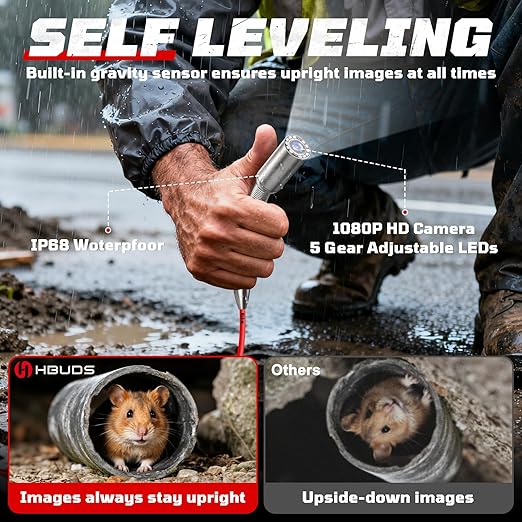 HBUDS Sewer Camera, Self Leveling Drain Camera 230ft with Meter Counter, 7mm Thick Cable, 9" HD Screen 1080P Plumbing Cameras Snake with Light, 5100mAh Battery Duct Pipe Video Inspection Cam DVR 32GB