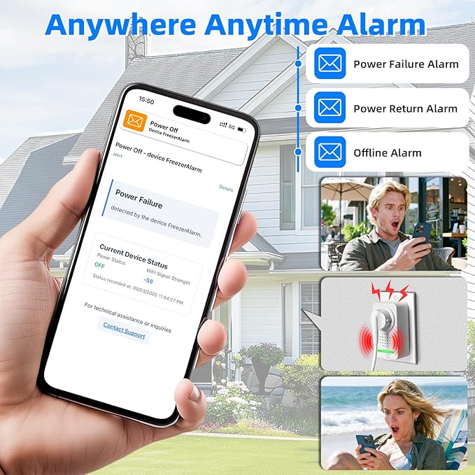 Power Failure Alarm WiFi with 4 Email Addresses, Loud 120dB Smart Power Outage Alarm with 6 Sirens, Freezer Alert WiFi Wireless, Smart Power Failure Detector for GFCI Trips, Sump Pump