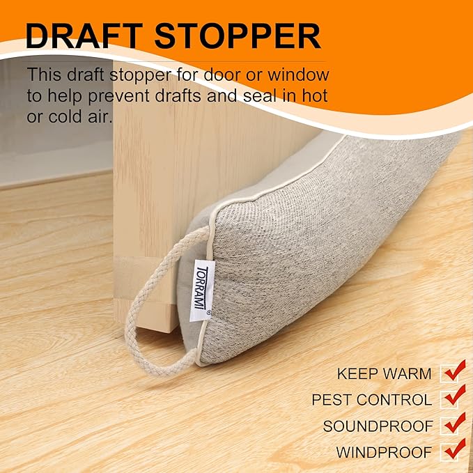 TORRAMI 38" Door Draft Stopper Under Bottom Insulation Noise Air Stopper 2.2LB,Draft Stopper Guard Seal for Doors and Windows - Light Gray