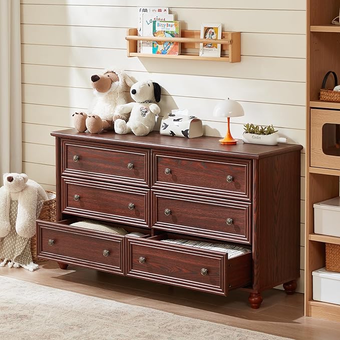 Farmhouse Dressers & Night Stand Set of 4, Wood 54" Wide 6 Drawer Dresser & 45" Tall Chest of Drawers, 18" Roman Column Nightstand Set of 2, Bedroom Furniture Dresser Sets for Home Living Room Hallway