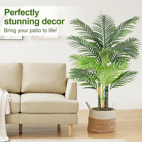 4ft Tall Triple Golden Cane Palm Artificial Tree Large Tropical Palm Tree UV Resistant Fake Plant in Pot for Indoor Outdoor Big House Living Room Outside Patio Office Home Decor 1Pack