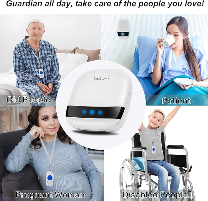 LIOTOIN Caregiver Pager Wireless Call Button Call Bell Call Light Alert Button for Home/Elderly/Patients/Disabled Nurse Alert System Emergency Button 3 Plugin Receivers 5 Waterproof Transmitters