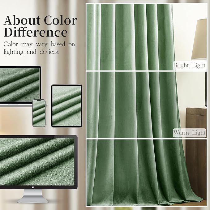 Sage Green Velvet Curtains 84 Inches for Living Room, Elegant Thermal Insulated Room Darkening Heavy Blackout Drapes Luxury Curtains for Bedroom Nursery, Back Tab Rod Pocket, W52 x L84, 2 Panels