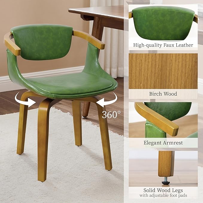 Art Leon Dining Chairs Set of 2 - Mid Century Modern Retro Faux Leather Chair, Small Comfy Upholstered Swivel Desk Chairs No Wheels, Green