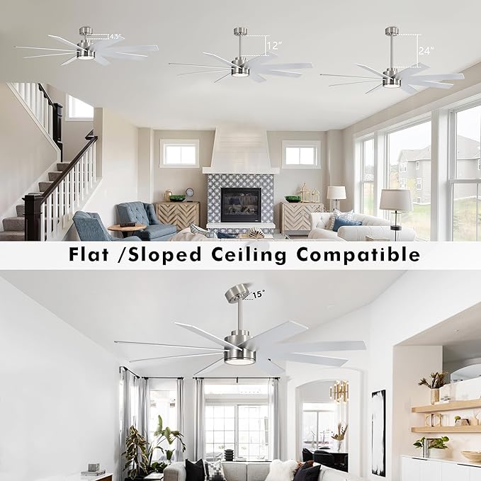 WINGBO 60" Large DC Ceiling Fans with Lights and Remote, 3 Downrods, 8 Plywood Blades, 6-Speeds Reversible DC Motor, 3CCT, Indoor Ceiling Fan for Bedroom Living Room Patio, Brushed Nickel and Silver