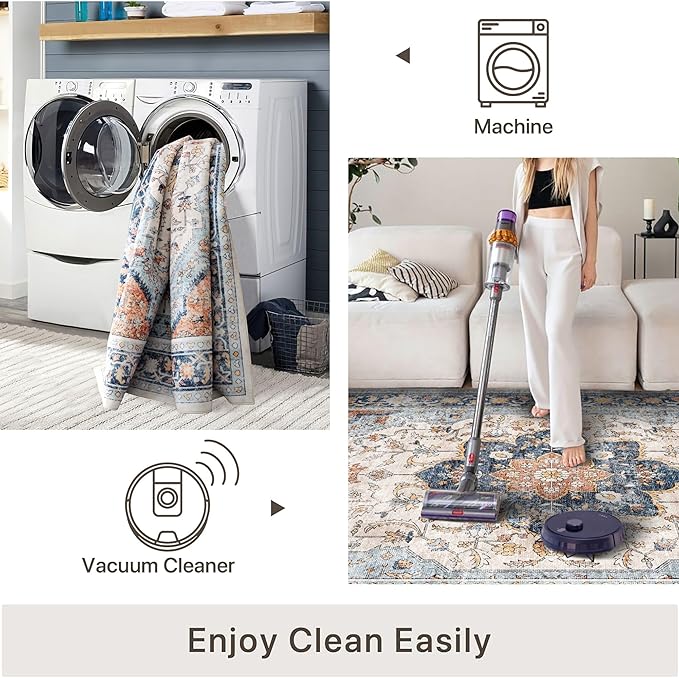 vivorug 9x12 Area Rugs for Living Room, Non Slip Machine Washable Vintage Rug, Ultra-Thin Lightweight Large Area Rug for Bedroom, Dining Room, Low Pile Rug Orange/Navy