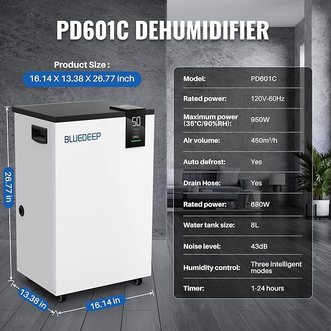 BLUEDEEP 190 Pints Commercial Dehumidifier with 6.56ft Drain Hose and 1.75 Gallon Water Reservoir, Water Damage Restoration Dehumidifier, for Basements, Industrial or Commercial Spaces and Job Sites