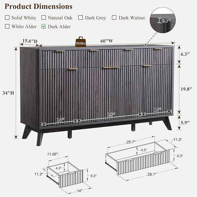 T4TREAM Large Buffet Sideboard Cabinet with Storages, 60" Fluted Modern Buffet Table Coffee Bar Wine Bar Storage Cabinet with 3 Drawers & 4 Doors for Dining Room, Living Room, Hallway(Dark Alder)