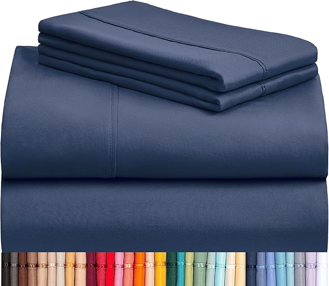 LuxClub 4 PC Queen Sheet Set, Deep Pockets Wrinkle Free Cooling Bed Sheets Hotel Bedding for Women, Men, Includes 1 Fitted Sheet, 1 Flat Sheet and 2 Pillowcases-Silky Soft Navy