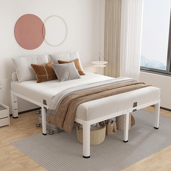 ROIL 12 Inch White King Bed Frame with Rounded Corner and Headboard Hole Mattress Retainers, 3500LBS Heavy Duty Steel Slats No Box Spring Needed Platform Noise-Free Easy Assembly