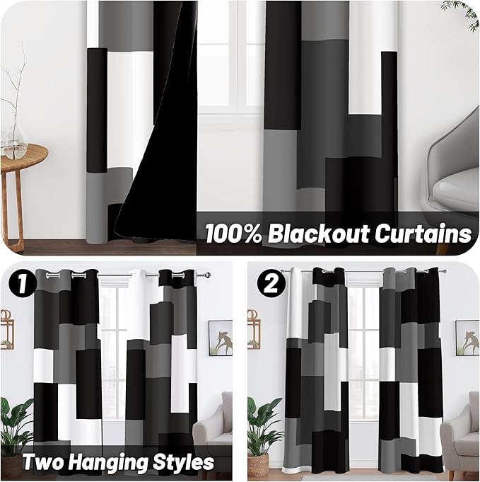 Black Grey 100% Blackout Curtains for Bedroom 84 inch Length 2 Panels Set White Grey Modern Abstract Geometric Black Out Curtains Insulated Room Darkening Window Drapes for Living Room, 42Wx84L