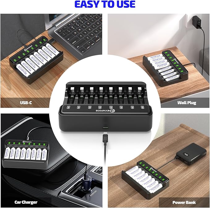 PEYHFCCE AA AAA 8 Bay Battery Charger with High-Speed Charging, Independent Slot for 1.2V Ni-MH Rechargeable Batteries