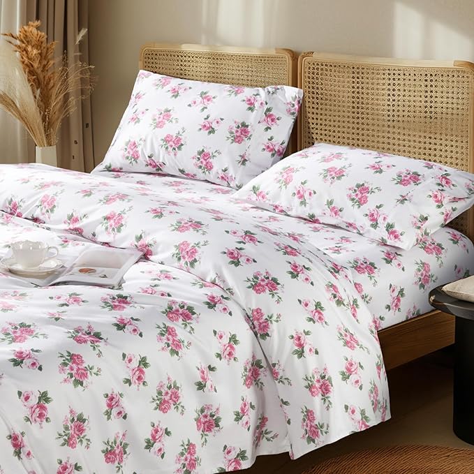 LBRO2M 1000 Thread Count Sheets 100% Egyptian Cotton Bedding Set Floral Queen Size 16 Inches Deep Pocket Bedding 4 Piece Sets (Queen, Peony)