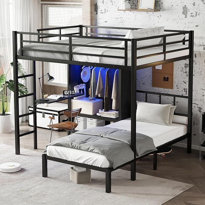 Full XL Over Twin Metal Bunk Bed with Folding Desk, Closet LED,Space-Saving/Noise Reduced, Black Modern Style Multi-Functional Storage Needs Space-Saving Noise Reduced