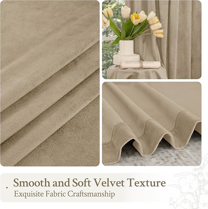 LAMIT Taupe Velvet Curtains 108 Inch for Living Room, Thick Thermal Insulated Room Darkening Drapes Super Soft Elegant Back Tab and Rod Pocket Panels for Sliding Glass Door, 2 Panels, 52 x 108 Inch