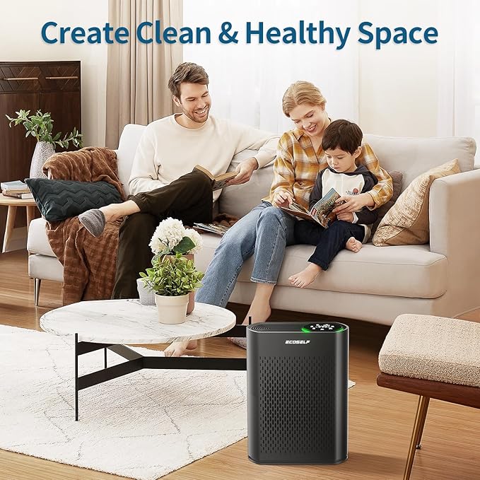 Powerful Air Purifiers for Home Large Room Up to 2400 Ft², ECOSELF HEPA Air Purifier with PM 2.5 Air Quality Display 20dB Sleep Mode, Air Purifiers for Bedroom Office Living Room HAP602 Black