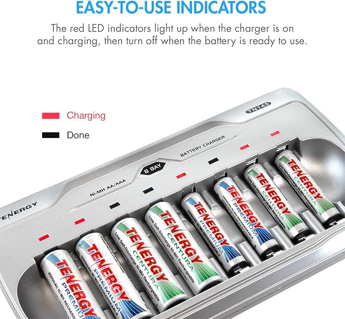 Tenergy TN145 8 Bay Charger and 4 Pack Rechargeable AA Batteries and 4 Pack Rechargeable AAA Batteries, Independent Charging, UL & CE Certified