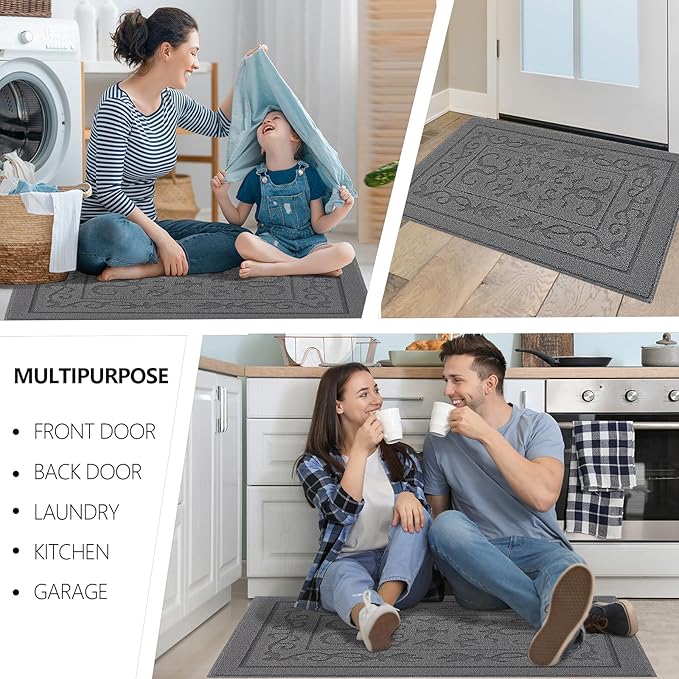 FONEYI Indoor Door Mat, Front Back Door Mat 32" x 48" Non-Slip Rubber Backing Door Rug, Machine Washable Entry Rug, Low Profile Absorbent Dirt Trapper Doormat Inside Floor Mats for Entryway, Grey
