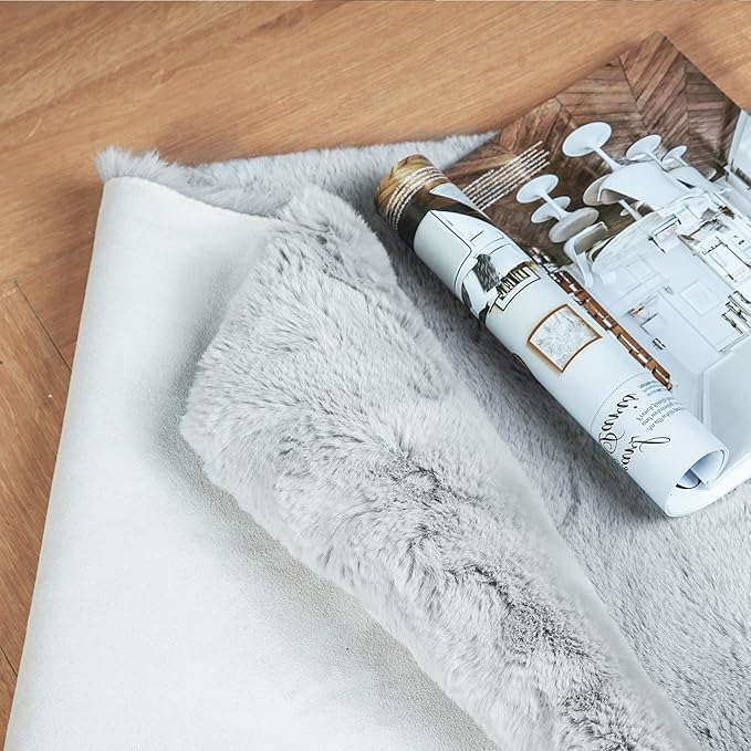 Latepis Grey Rugs for Bedroom 2x6 Furry Runner Rugs Faux Fur Washable Fluffy Rabbit Shag Rug for Living Room Nursery Kids Rug Room Decor Sheepskin