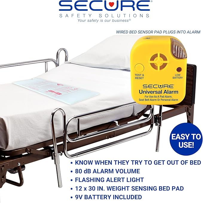 Secure Bed Alarm for Elderly Adults - 12" x 30" Pressure Sensor Pad, 80 dB Caregiver Alert with Holder, 9V Battery - Fall Prevention, Dementia Patient Monitoring, Motion Sensor for Seniors