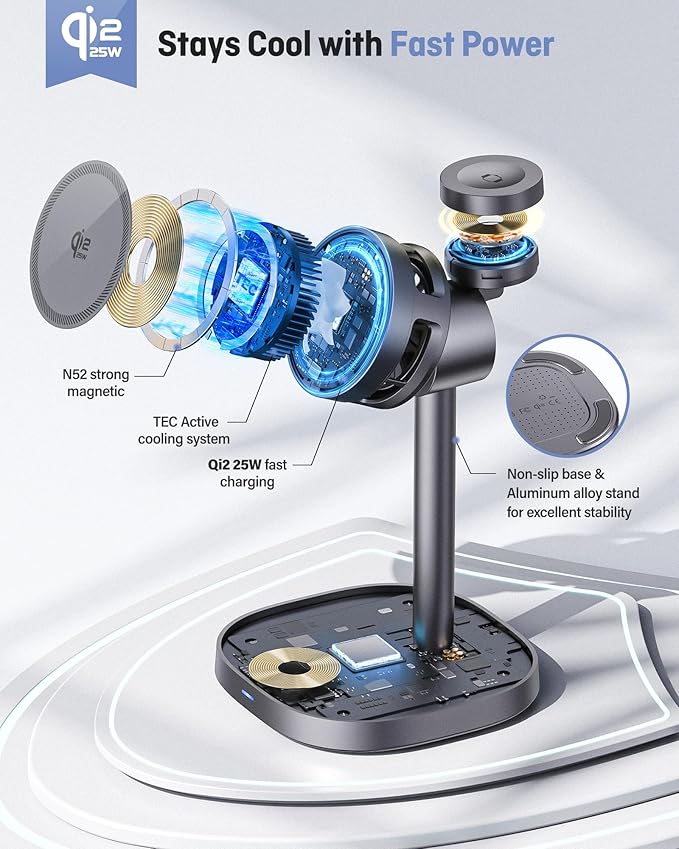 Augnner 3 in 1 Wireless Charging Station, Qi2.2 25W Certified Fast Magnetic Charger, Mag-Safe Wireless Charger Stand with TEC Active Cooling, for iPhone17/16/15/14/13/12, Apple Watch/AirPods