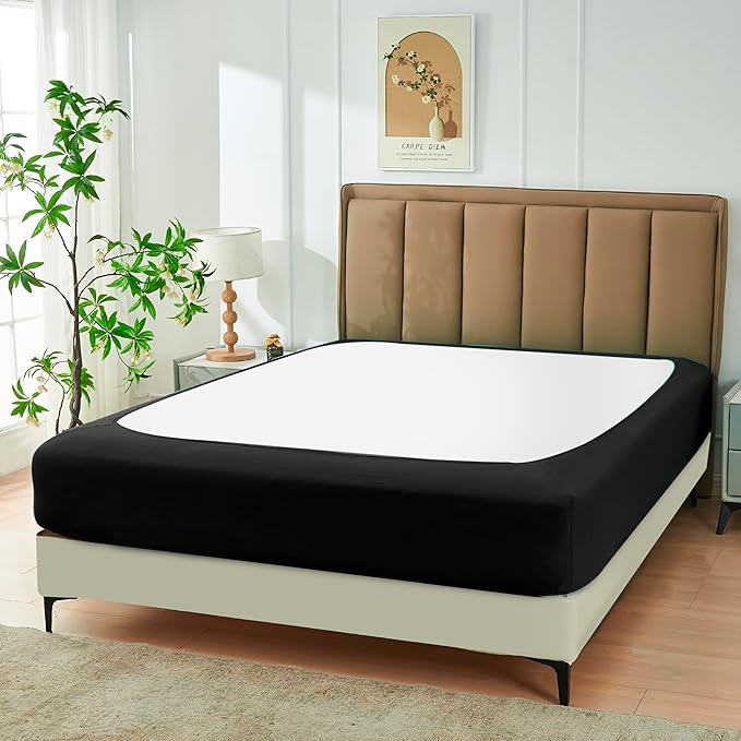 Biscaynebay Decorative Box Spring Cover Full & Full XL Size, Black Luxurious Jersey Knitting Stretchy Wrap Around 4 Sides Bed Skirt for Home/Hotels, Easy Fit Wrinkle Free Machine Washable