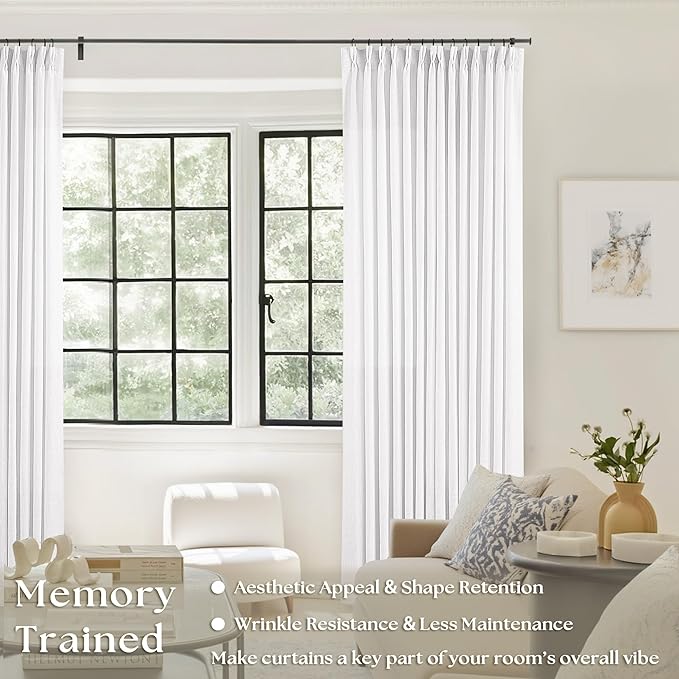 Pleated Linen White Curtains 96 Inches Long 2 Panels Set for Living Room Bedroom Neutral Farmhouse Cotton Linen Blend Back Tab Memory Shape Pinch Pleat Ceiling to Floor Window Curtain Snow White 8 Ft