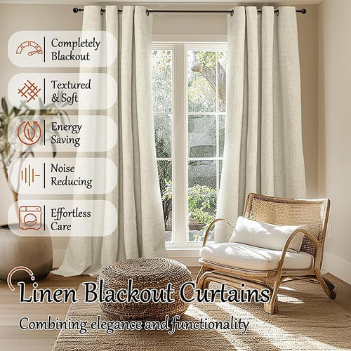 60 Inch Wide Linen Blackout Curtains for Living Room/Bedroom 84 Inch Length 2 Panels, Total Black Out Thermal Insulated Soundproof Grommet Boho Window Drapes White Liner for Modern Farmhouse, Natural