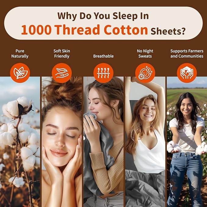 LBRO2M 1000 Thread Count 100% Egyptian Cotton Sheets Set Twin XL, 3 Piece Sets Bed Sheet Deep Pocket Sheet Set 16" Soft Comfortable All Season (Twin XL, Dark Gray)