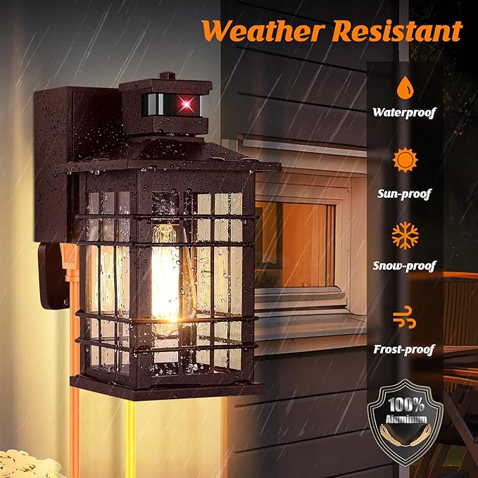 2-Pack Porch Light with GFCI Outlets, Brown Motion Sensor Dusk to Dawn Outdoor Wall Light Fixture, Waterproof Outside Wall Lantern Sconce 3 Lighting Modes, Exterior Wall Light for Front Door House