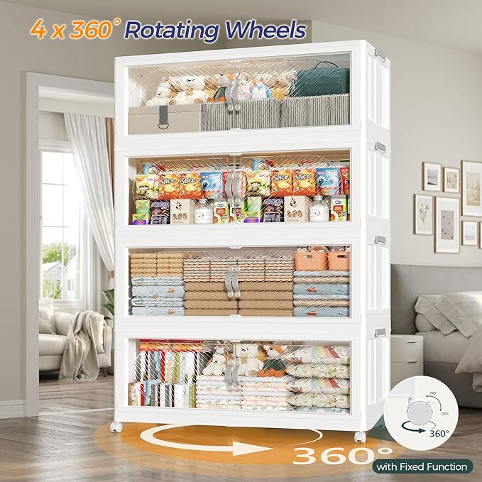 960QT Plastic Stackable Storage Bins with Lid, 240GAL Extra Large Collapsible Box with Wheels Clear Door, Foldable Closet Organizer Container Cabinet Drawer for Home Kitchen，6Pack, White